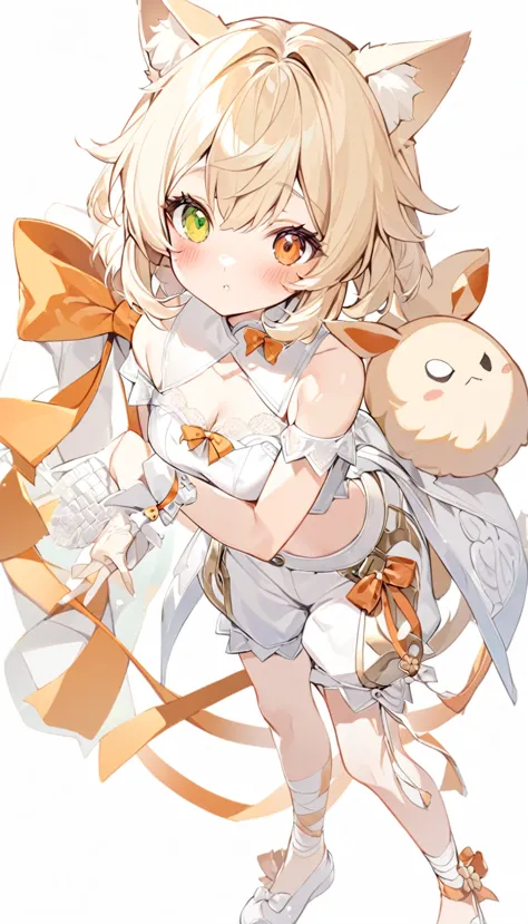 the fox girl,1girl,short hair, the hairstyle is like klee's,animal ears, bangs, bare shoulders, blonde hair, blush, bow, breasts...