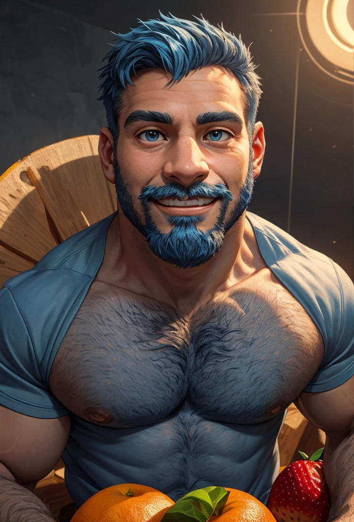 (resting on fruits) (Best Quality, 4k, 8k, high resolution, Masterpiece: 1.2), ultra detailed, Male portrait, medium closeup, very detailed face, detailed facial features, spectacular lighting, close-up, from above, anatomically correct, super detail, full blue beard and short blue hair, smile, wink, hairy chest.