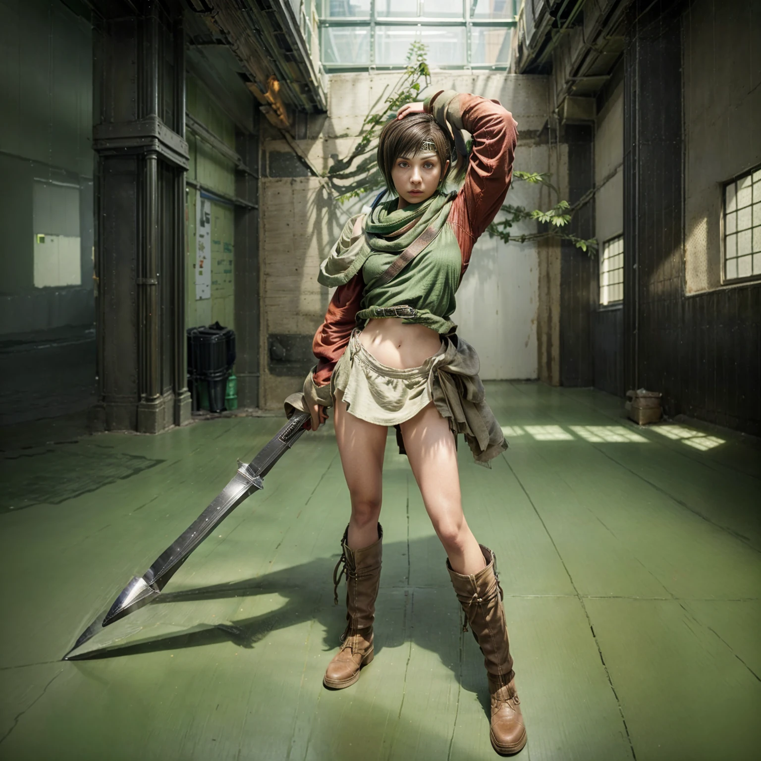 1girl, Full body version, 1character, green eyes, short haircut, green color hair, knight army style clothing, red colour clothing, headband bandana, boots, Grassroots, background in room city building, motion blur, (Hunter x Hunter style art), standing gesture, sword in hand