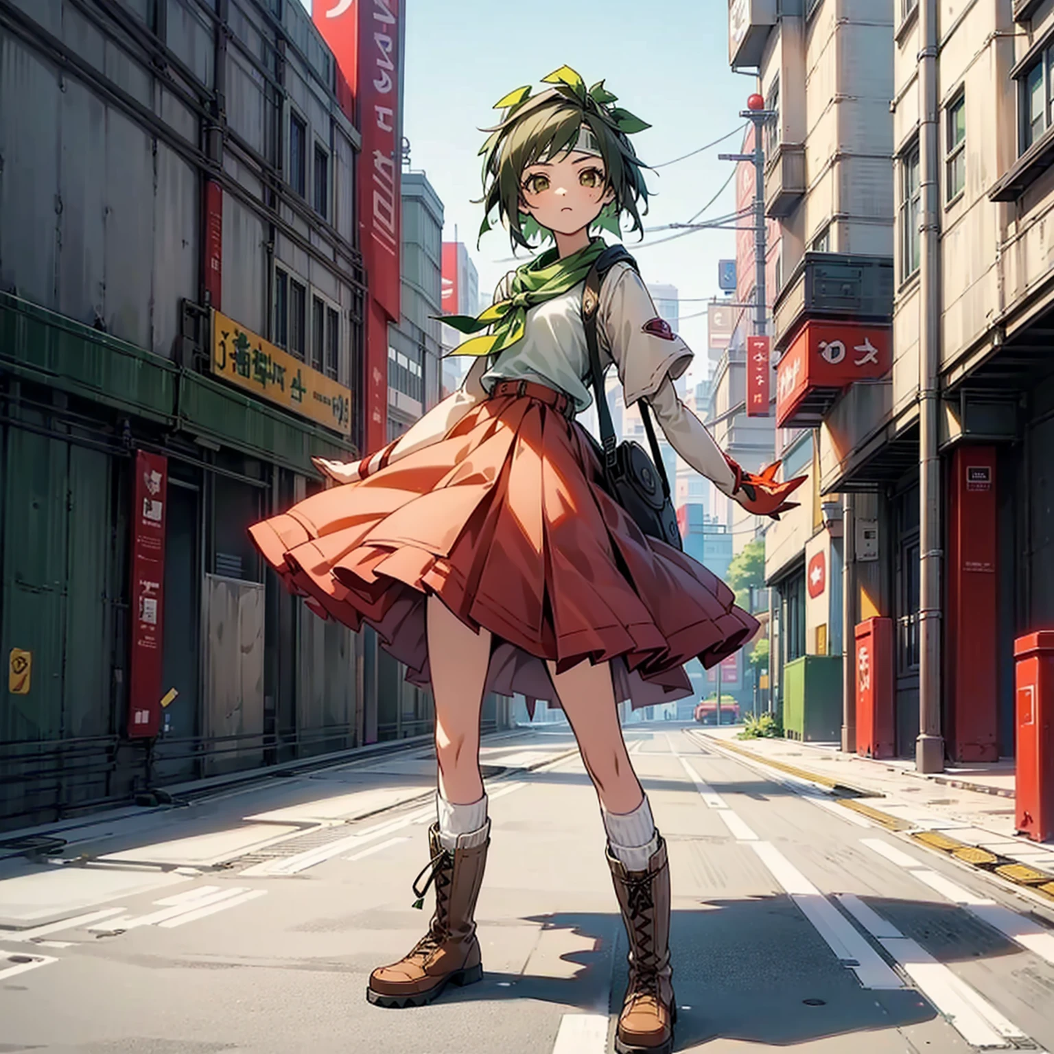 1children girl, Full body version, 1character, green eyes, short haircut, green color hair, casual style clothing, red colour clothing, headband bandana, boots, Grassroots, background in city street, motion blur, (Hunter x Hunter style art), standing gesture, cute face