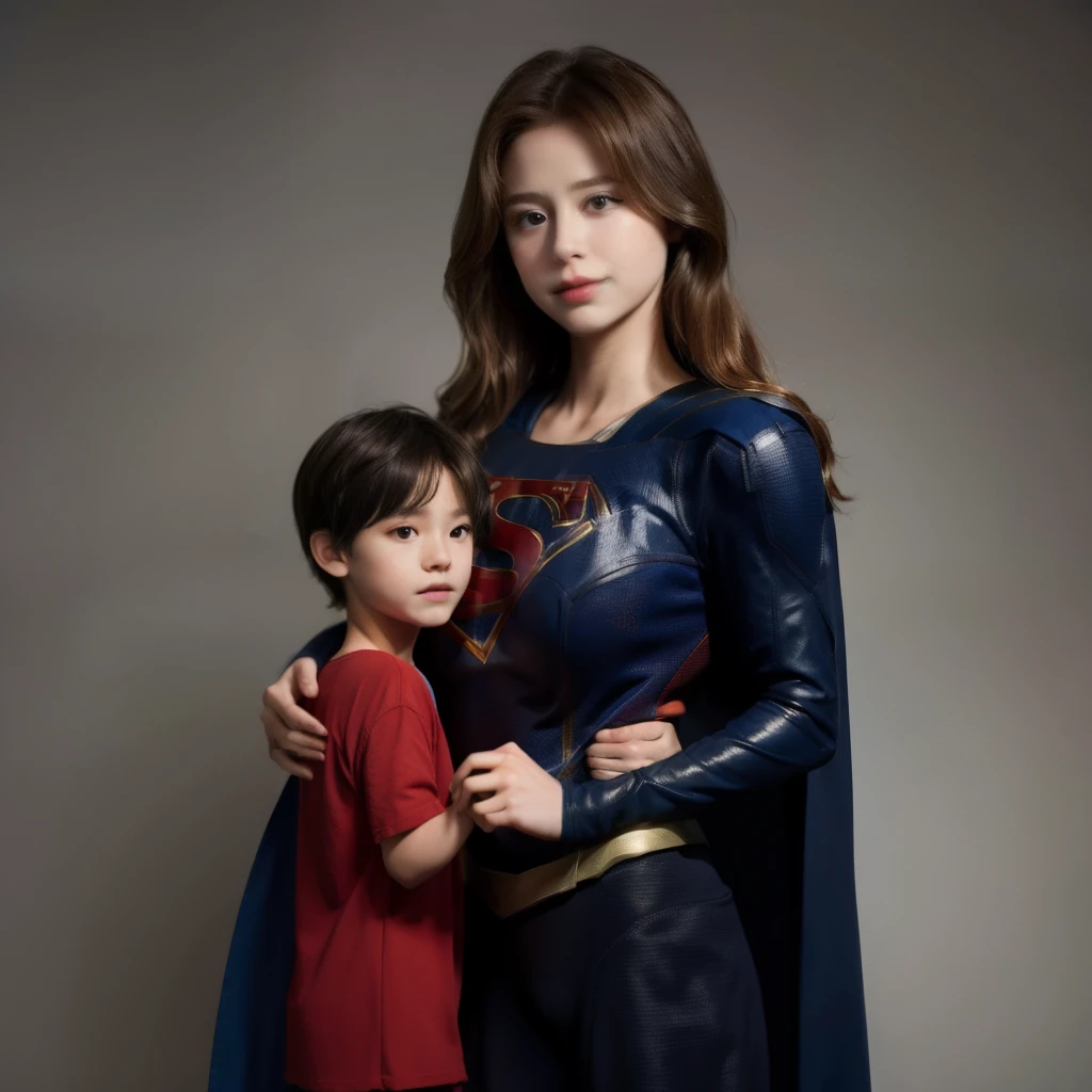 Photorealistic、Supergirl and a little boy, 1 Supergirl, Accurate Supergirl costume, , 1 little boy, , Height differences, A little boy on top of Supergirl、On the bed、