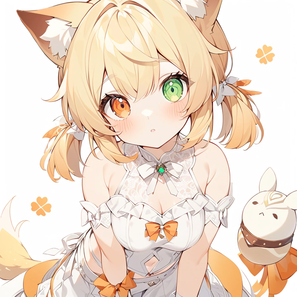 The fox girl,1girl,short hair, The hairstyle is like Klee's,animal ears, bangs, bare shoulders, blonde hair, blush, bow, breasts, white cleavage, cropped torso, , green eyes, hair ribbon, heterochromia, , looking at viewer, , orange bow, orange eyes, orange ribbon,  ribbon, solo, stuffed animal, , , twintails, upper body, full-length, white legbands, white shoes with lace and white bows, white background, wrist cuffs, yellow eyes, bloomers, close-up, fair skin frills, lace, midriff, skirt, solo, , white background,shorts, white top with ribbon and lace and trousers,trousers, genshin,white slippers with a bow,All clothes are white, laceAt full height, it stands,bandaged hands, short hair , ankle lace-up, ankle ribbon, bow, leg ribbon, lineart, , shoes, , standing, , white bow, white footwear,