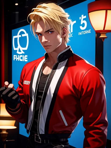 25-year-old man, alone, alone, athletic, muscular, blonde hair, red jacket, black t-shirt, black belt and black pants, black exe...