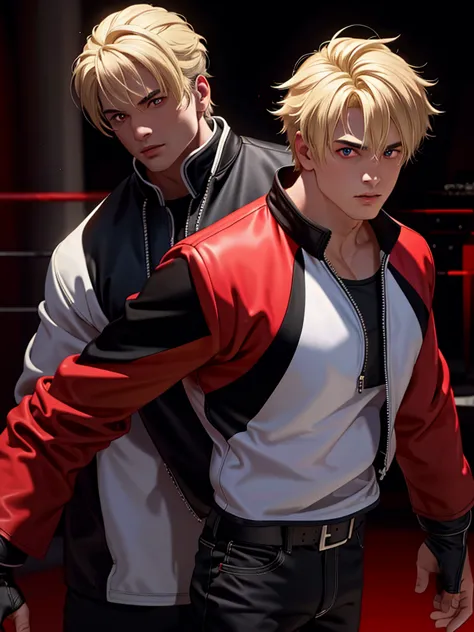 25-year-old man, alone, alone, athletic, muscular, blonde hair, red jacket, black t-shirt, black belt and black pants, black exe...