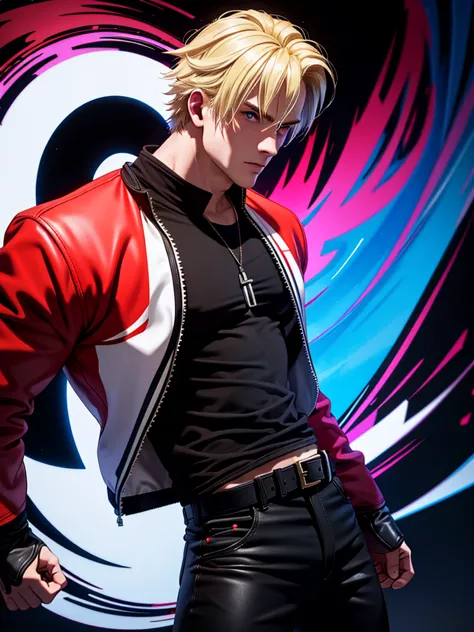 25-year-old man, alone, alone, athletic, muscular, blonde hair, red jacket, black t-shirt, black belt and black pants, black exe...