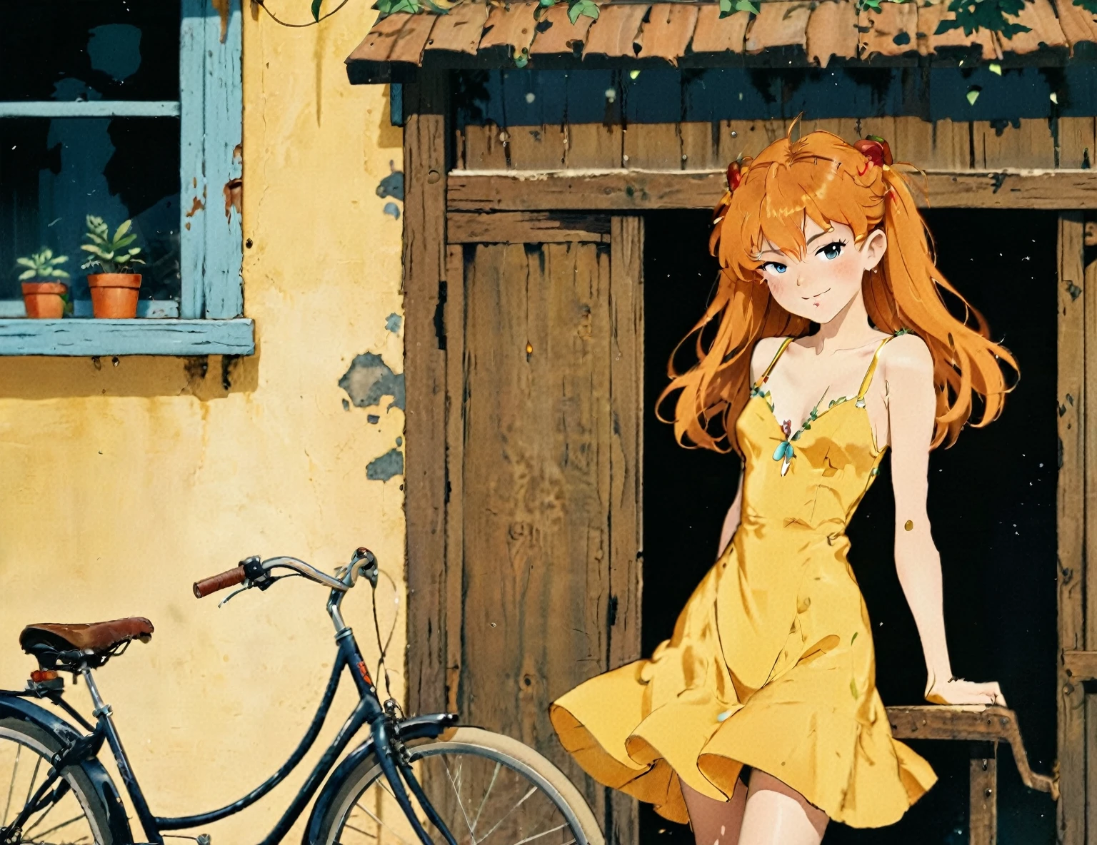 wom一个 in yellow dress st一个ding next to a bicycle in front of a building, 照片拍摄, 影楼, RAW 照片, 编辑照片, 电影素材照片, 電影, 摆姿势, 业余照片, 全身肖像, 一个alog, 生的, f2, 35 毫米, 一个 (业余照片), flash 摄影, taken on 一个 old camera, 宝丽来, 8千, 非常详细, (高质量, 最好的质量:1.3), 极高分辨率, 胶片颗粒, 很长的头发, picture of a beautiful young wom一个, 不是 dasha_tar一个, SFW, ((自然的 or一个ge hair)), 发饰, ((微距镜头)), 自然的, 蓝眼睛, 实心瞳孔, 极其细致逼真的眼睛, 女性表达, 摄影, 数码单反相机, 35 毫米, 富士 Superia Premium 400, Nikon D850 电影素材照片, 柯达 Portra 400 F1.6 镜头, 8千, 超高清, 逼真的皮肤, 皮肤护理得很好, 皮肤毛孔, 闭嘴, 精致小嘴唇, 面部对称, 完美细致的脸部, 