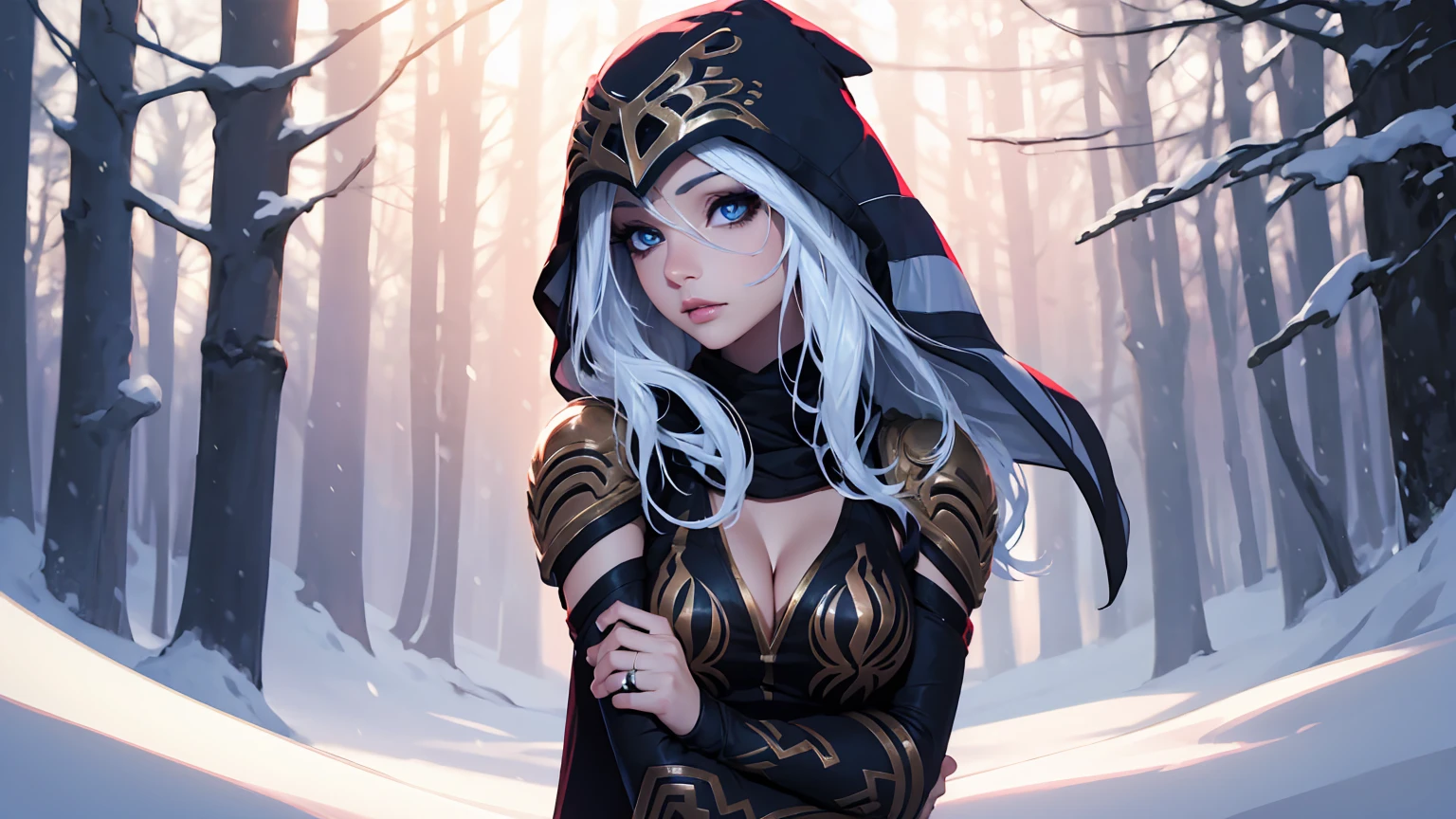 League of Legends Ashe, guerrero, (obra maestra, mejor calidad), Mujer hermosa, luz tenue, bosque nevado al aire libre, rostro perfecto, Hermoso rostro, cuerpo perfecto y delgado, (de pie), fondo abstracto, Colores brillantes, pechos medianos, (solo), sexy