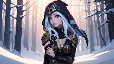 league of legends ashe, warrior, (masterpiece, best quality), beautiful woman, soft light, outdoor snowy forest perfect face, be...