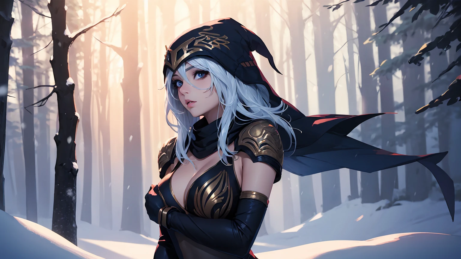 League of Legends Ashe, guerrero, (obra maestra, mejor calidad), Mujer hermosa, luz tenue, bosque nevado al aire libre, rostro perfecto, Hermoso rostro, cuerpo perfecto y delgado, (de pie), fondo abstracto, Colores brillantes, pechos medianos, (solo), sexy