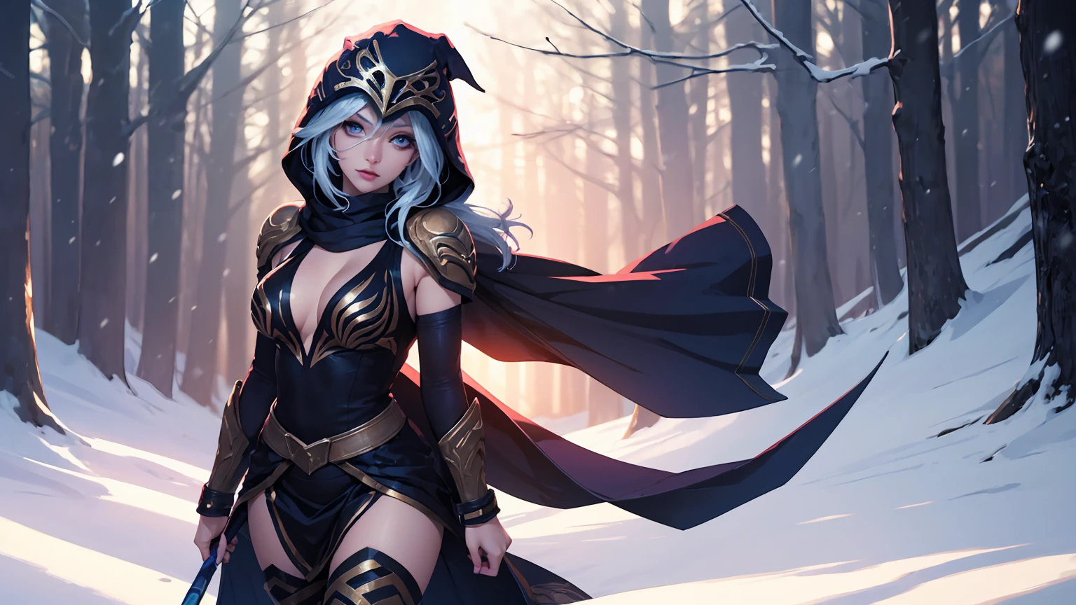 League of Legends Ashe, guerrero, (obra maestra, mejor calidad), Mujer hermosa, luz tenue, bosque nevado al aire libre, rostro perfecto, Hermoso rostro, cuerpo perfecto y delgado, (de pie), fondo abstracto, Colores brillantes, pechos medianos, (solo), sexy