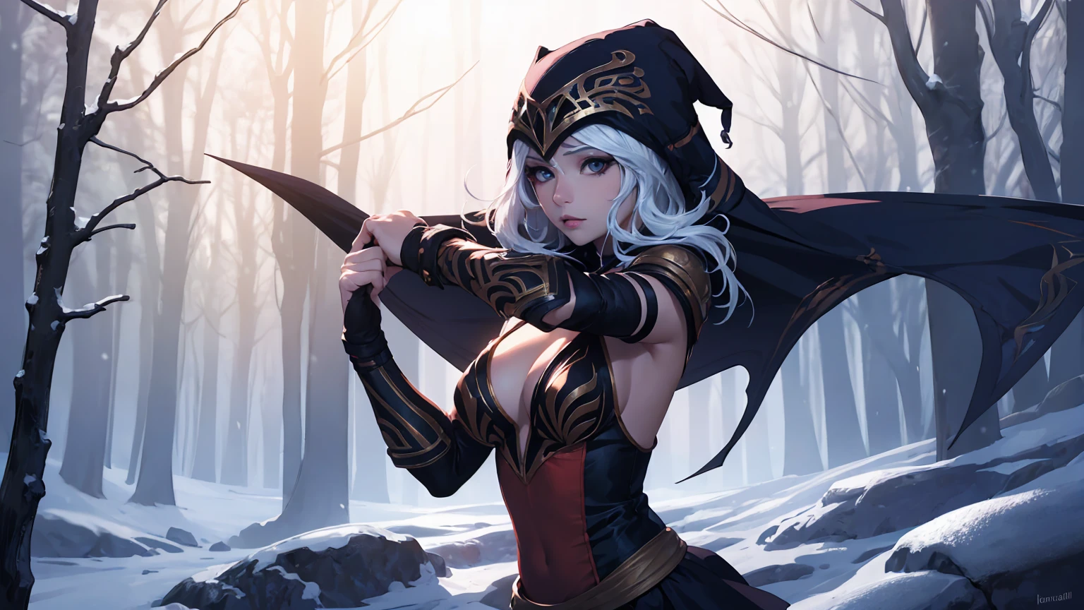 League of Legends Ashe, guerrero, (obra maestra, mejor calidad), Mujer hermosa, luz tenue, bosque nevado al aire libre, rostro perfecto, Hermoso rostro, cuerpo perfecto y delgado, (de pie), fondo abstracto, Colores brillantes, pechos medianos, (solo), sexy