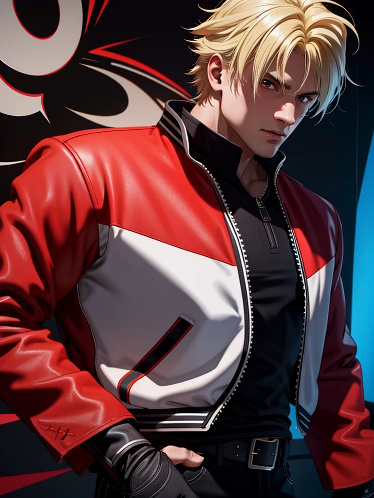 25-year-old man, alone, alone, athletic, muscular, blonde hair, red jacket, black t-shirt, black belt and black pants, black exercise gloves, annoyed look, expelling great blue power, cinematic, ultra-sharp focus, award winning photography, perfect contrast, high sharpness, depth of field, ultra detailed photography, global illumination, fluid, ultra high definition, 8k, Unreal Engine 5, ultra sharp focus, award winning photography, art station trends