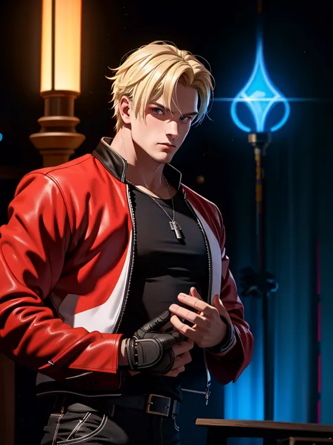 25-year-old man, alone, alone, athletic, muscular, blonde hair, red jacket, black t-shirt, black belt and black pants, black exe...