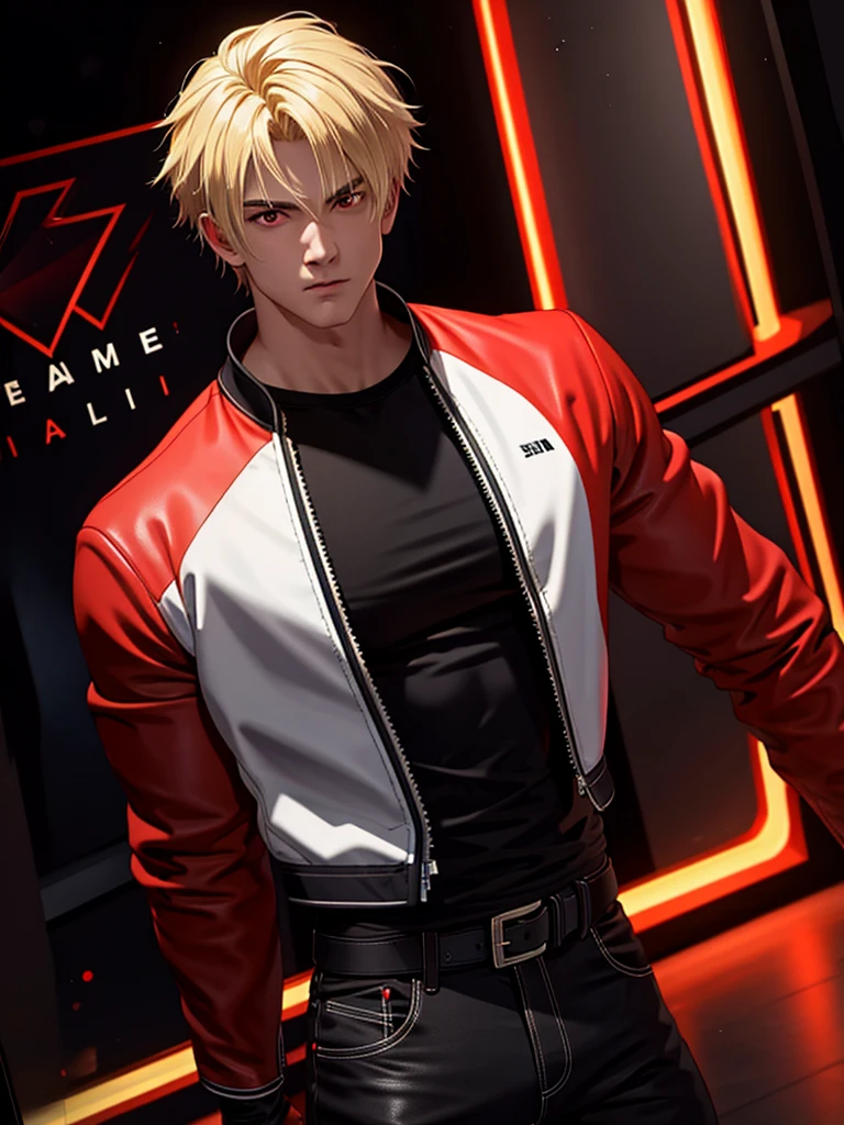 25-year-old man, alone, alone, athletic, muscular, blonde hair, red jacket, black t-shirt, black belt and black pants, black exercise gloves, annoyed look, expelling great blue power, cinematic, ultra-sharp focus, award winning photography, perfect contrast, high sharpness, depth of field, ultra detailed photography, global illumination, fluid, ultra high definition, 8k, Unreal Engine 5, ultra sharp focus, award winning photography, art station trends