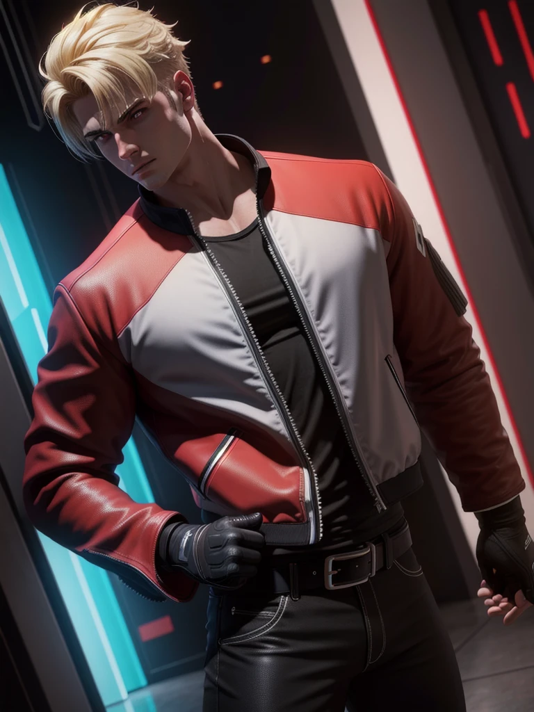 25-year-old man, alone, alone, athletic, muscular, blonde hair, red jacket, black t-shirt, black belt and black pants, black exercise gloves, annoyed look, expelling great blue power, cinematic, ultra-sharp focus, award winning photography, perfect contrast, high sharpness, depth of field, ultra detailed photography, global illumination, fluid, ultra high definition, 8k, Unreal Engine 5, ultra sharp focus, award winning photography, art station trends