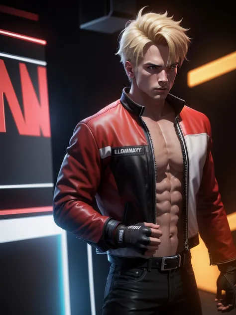 25-year-old man, alone, alone, athletic, muscular, blonde hair, red jacket, black t-shirt, black belt and black pants, black exe...