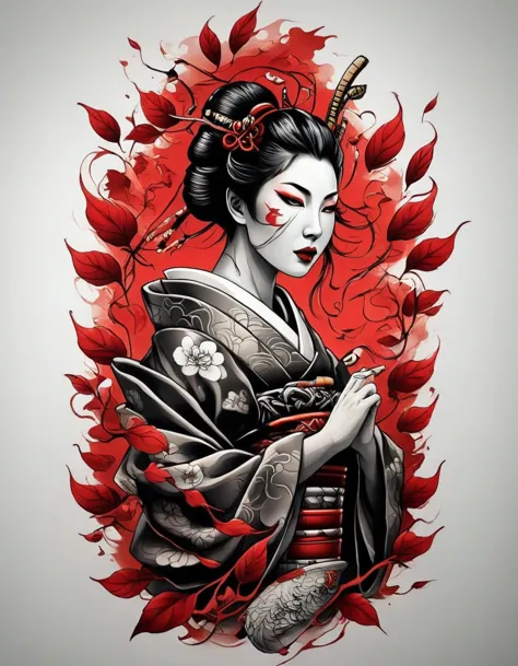 ((creative illustration of a tattooed geisha with Red Hannya mask)), She is wearing hannya mask, autumn leaves effects, Japanese...