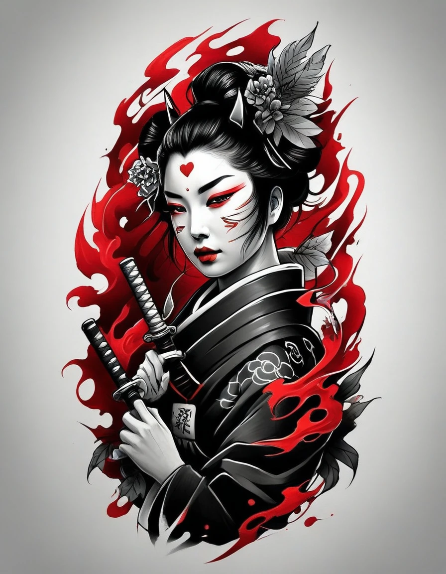 ((Geisha solitária usando uma máscara vermelha hannya de demônio))logotipo criativo em preto e branco vetor retrato perfil de uma gueixa com tatuagens vermelhas e verdes no ombro e braços, espada, Folhas de outono, o contraste entre o preto e o branco e as cores é nítido apresentando a palavra (honra), trabalho de arte digital de dan mumford, Carne Griffith, esboço, alta definição, espaço negativo, cores vivas, design de camisetas, (Papel de parede da unidade 16K, obra de arte, melhor qualidade, alta qualidade, Ultra-detalhado, extremamente detalhes), ((Geisha solitária usando uma máscara vermelha hannya de demônio))logotipo criativo em preto e branco vetor retrato perfil de uma gueixa com tatuagens vermelhas e verdes no ombro e braços, espada, Folhas de outono, o contraste entre o preto e o branco e as cores é nítido apresentando a palavra (honra), trabalho de arte digital de dan mumford, Carne Griffith, esboço, alta definição, espaço negativo, cores vivas, design de camisetas, 