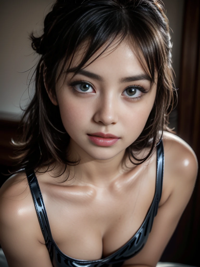 (16K, Surreal, masterpiece:1.30), Professional photography, Written boundary depth, Deep Shadows、Cinema Lighting, Soft Light, (Ultra-detailed beautiful faces:1.6), ((Ultra-detailed beautiful slim body:1.4)), ((Ultra detailed symmetrical brown eyes, Eyelashes, double eyelid, Ultra detailed beautiful eyes:1.4)), ((Ultra-detailed beautiful lips, Lip gloss, Ultra-detailed, beautiful porcelain skin:1.4)), ((Super detailed and beautiful hairstyle,, Asymmetrical bangs:1.4)), ((Perfect Anatomy:1.15)), Beautiful Japanese female idols, (Ultra-detailed, radiant oily skin:1.5), (View your viewers:1.3), ((Ultra-detailed beautiful breasts, Ecup cleavage:1.4)), small diamond earrings, small diamond necklace, (Deep V-neck), (Super detailed strap slip:1.3), ((Exposing shoulders:1.3)) ,See-through clothing, ((Skin-tight super tight outfit 1.3)), (Super Shine Latex:1.3), Sharp focus throughout