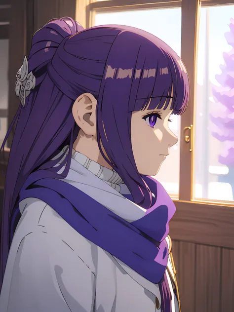 best quality, masterpiece, highres, solo, (fern_sousounofrieren:1.10), 1girl, hair ornament, profile, from side, purple scarf, c...