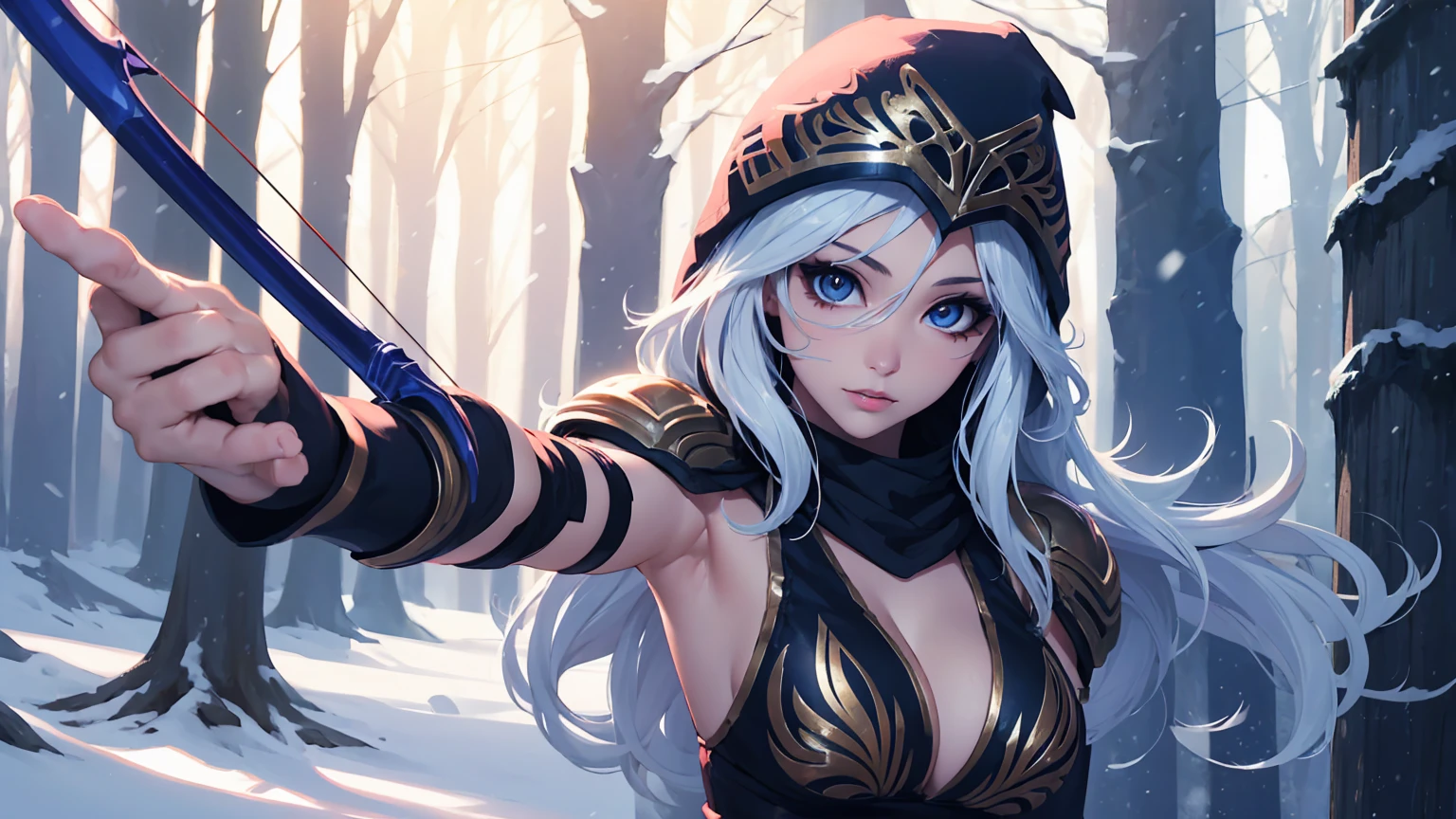 League of Legends Ashe, guerrero, (obra maestra, mejor calidad), Mujer hermosa, luz tenue, bosque nevado al aire libre de pinos, cara perfecta, Hermoso rostro, cuerpo perfecto y delgado, sosteniendo un arco y una flecha, (de pie), fondo abstracto, Colores brillantes, pechos medianos, (solo), sexy