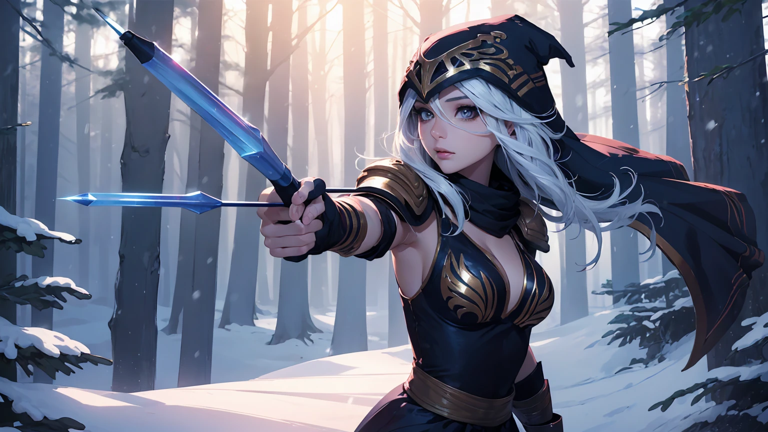 League of Legends Ashe, guerrero, (obra maestra, mejor calidad), Mujer hermosa, luz tenue, bosque nevado al aire libre de pinos, cara perfecta, Hermoso rostro, cuerpo perfecto y delgado, sosteniendo un arco y una flecha, (de pie), fondo abstracto, Colores brillantes, pechos medianos, (solo), sexy