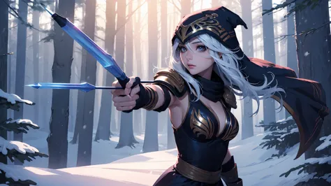 league of legends ashe, warrior, (masterpiece, best quality), beautiful woman, soft light, outdoor snowy forest of pine trees, p...