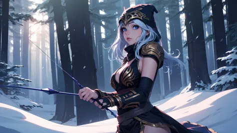 league of legends Ashe, warrior, (masterpiece, best quality), beautiful woman, soft light, outdoor snowy forest of pine trees, p...