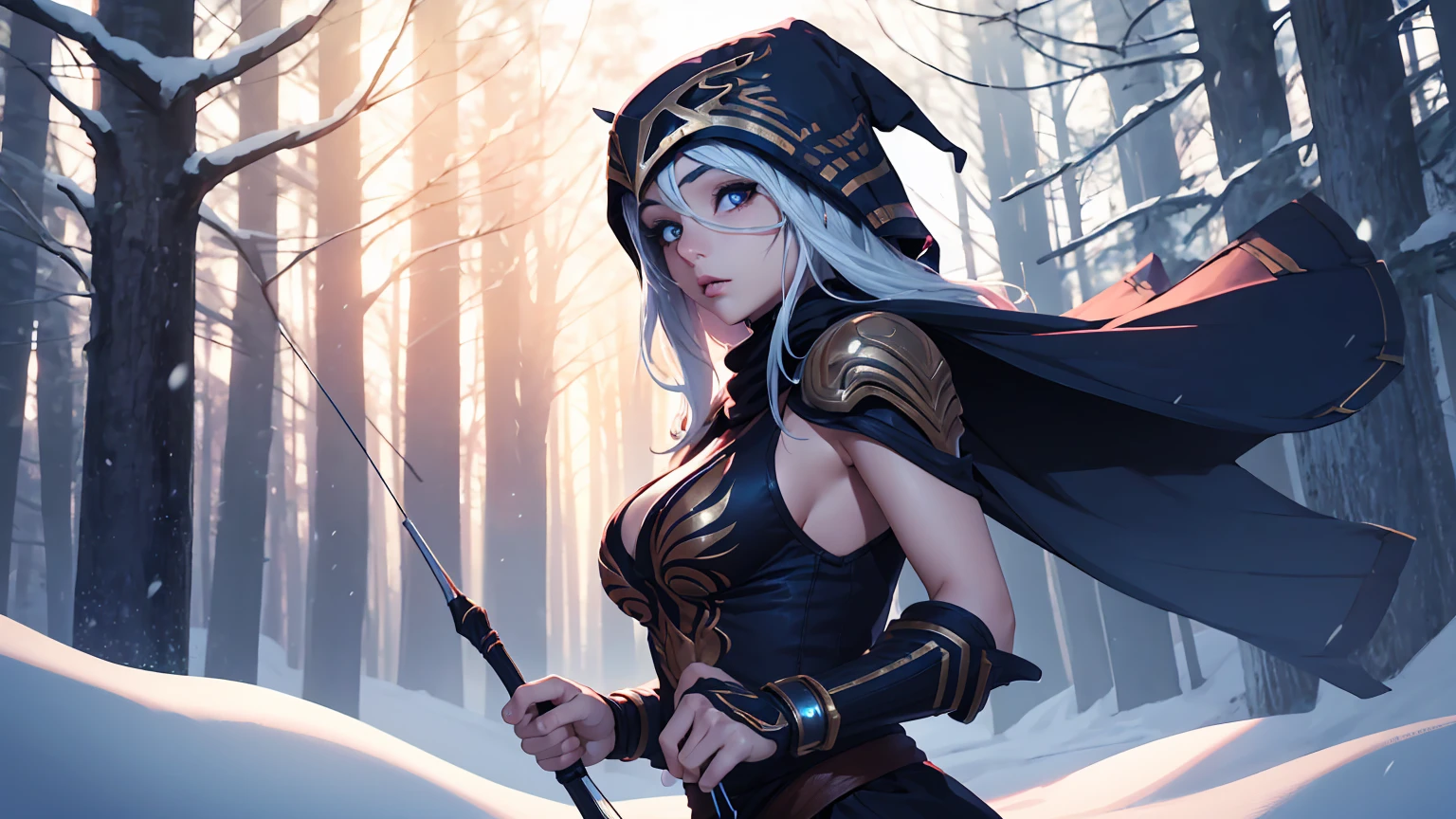 League of Legends Ashe, guerrero, (obra maestra, mejor calidad), Mujer hermosa, luz tenue, bosque nevado al aire libre de pinos, cara perfecta, Hermoso rostro, cuerpo perfecto y delgado, sosteniendo un arco y una flecha, (de pie), fondo abstracto, Colores brillantes, pechos medianos, (solo), sexy