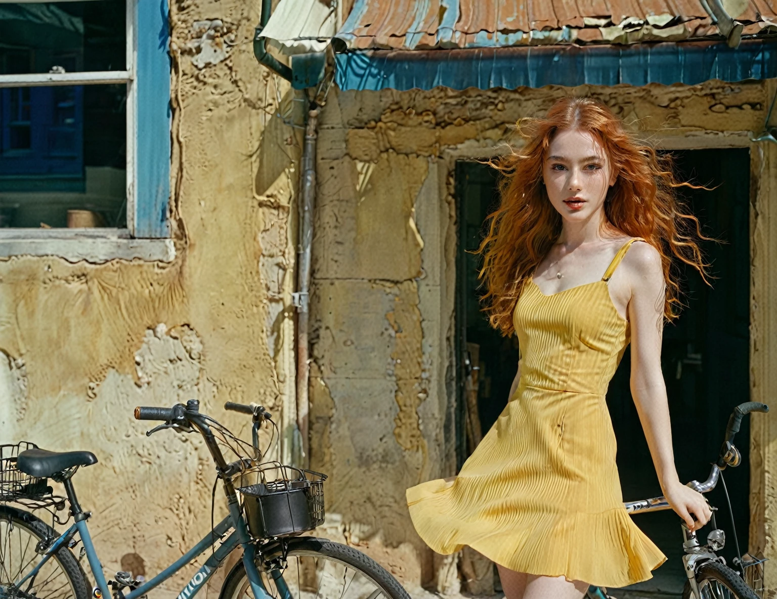 woman in yellow dress standing next to a bicycle in front of a building, photoshoot, photo studio, RAW photo, editorial photograph, film stock photograph, cinematic, posing, amateur photo, analog, raw, f2, 35mm, an (amateur photo), flash photography, taken on an old camera, polaroid, 8k, highly detailed, (high quality, best quality:1.3), Extremely high-resolution, film grain, NOT Dasha Taran, very long hair, picture of a beautiful young woman, sfw, ((natural orange hair)), hair ornaments, ((macro lens)), natural, blue eyes, solid pupils, realistic eyes in maximum detail, feminine expressions, photography, dslr, 35mm, Fujifilm Superia Premium 400, Nikon D850 film stock photograph, Kodak Portra 400 f1.6 lens, 8k, UHD, realistic skin, well cared skin, skin pores, closed mouth, fine small lips, facial symmetry, perfectly detailed face, extremely detailed NOT Dasha Taran face