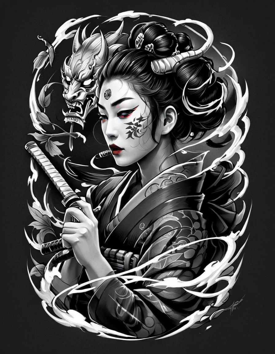 (((Solo geisha Wearing a demon hannya mask on face))), creative logo black and white vector portrait profile of a geisha wearing a hannya mask, sword, autumn leaves, the contrast between the black and white and the colors is crispy featuring the word (HONOR), digital art work by dan mumford, carne griffith, sketch, high definition, negative space, vivid colors, tshirts design, (Unity 16K Wallpaper, masterpiece, Best Quality, high quality, Ultra-detailed, extremely details), (((Solo geisha Wearing a demon hannya mask on face))), creative logo black and white vector portrait profile of a geisha wearing a hannya mask, sword, autumn leaves, the contrast between the black and white and the colors is crispy featuring the word (HONOR), digital art work by dan mumford, carne griffith, sketch, high definition, negative space, vivid colors, tshirts design, 
