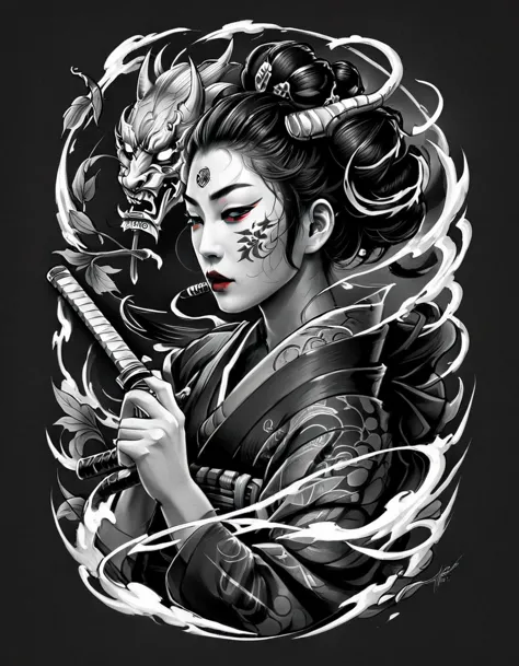 (((Solo geisha Wearing a demon hannya mask on face))), creative logo black and white vector portrait profile of a geisha wearing...