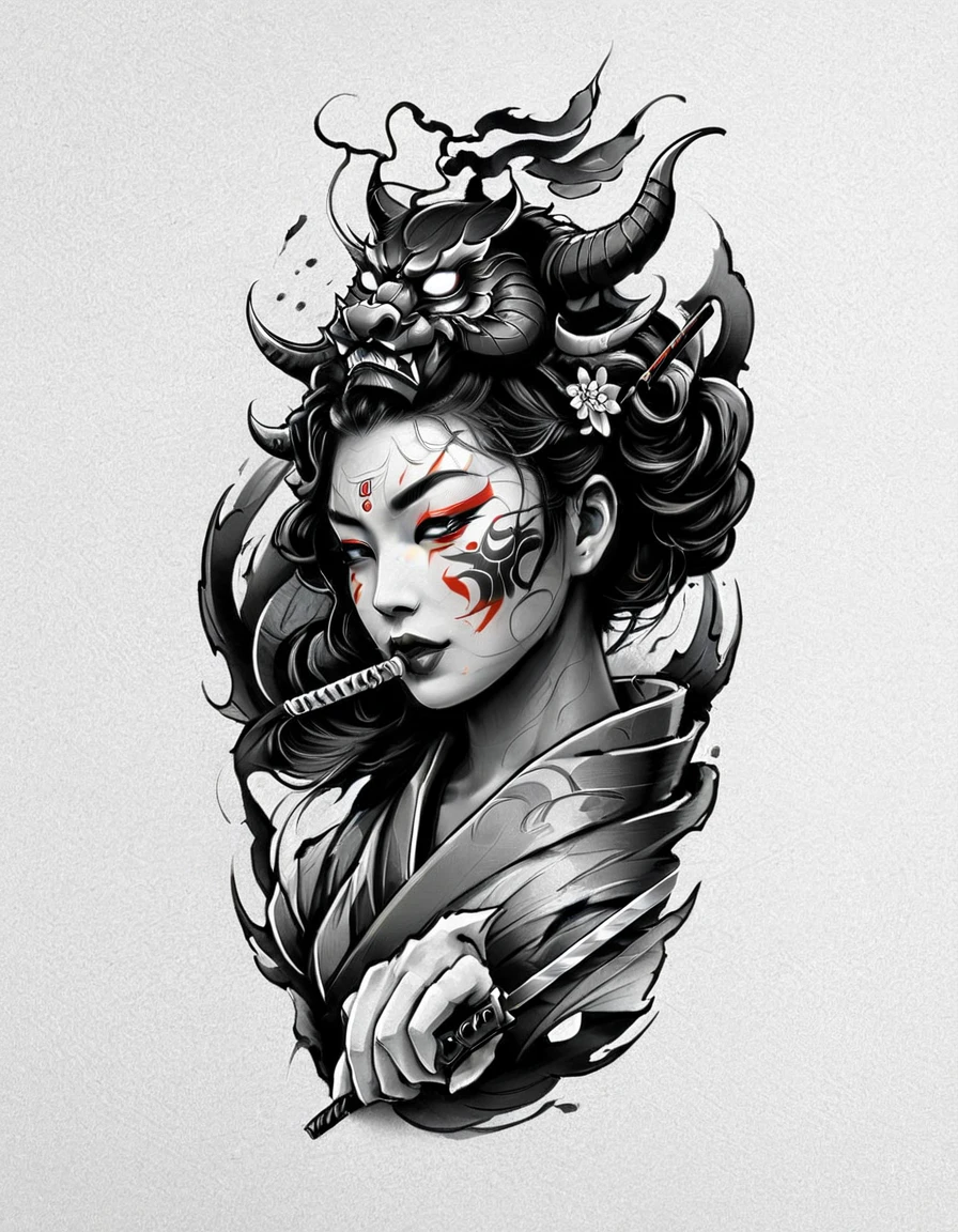 (((Gueixa solo usando uma máscara de demônio hannya no rosto))), logotipo criativo preto e branco vetor retrato perfil de uma gueixa usando uma máscara hannya, espada, Folhas de outono, o contraste entre o preto e o branco e as cores é nítido apresentando a palavra (honra), trabalho de arte digital de dan mumford, Carne Griffith, esboço, alta definição, espaço negativo, cores vivas, design de camisetas, (Papel de parede da unidade 16K, obra de arte, melhor qualidade, alta qualidade, Ultra-detalhado, extremamente detalhes), (((Gueixa solo usando uma máscara de demônio hannya no rosto))), logotipo criativo preto e branco vetor retrato perfil de uma gueixa usando uma máscara hannya, espada, Folhas de outono, o contraste entre o preto e o branco e as cores é nítido apresentando a palavra (honra), trabalho de arte digital de dan mumford, Carne Griffith, esboço, alta definição, espaço negativo, cores vivas, design de camisetas, 
