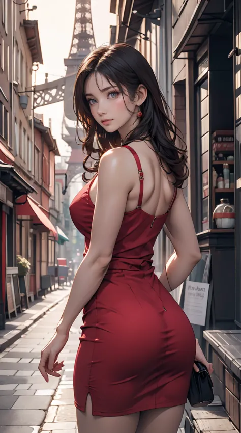 Stunning 3D rendering of a beautiful woman in shorts, Red dress, Lush tree々posing seductively in a narrow alley surrounded by. T...
