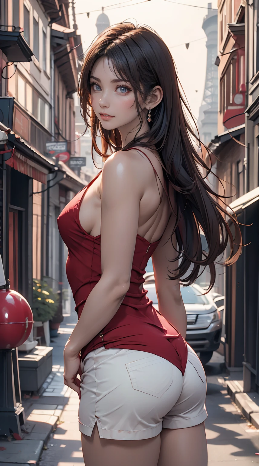 Stunning 3D rendering of a beautiful woman in shorts, Red dress, Lush tree々posing seductively in a narrow alley surrounded by. The iconic Eiffel Tower in the background々Standing there. Woman playfully lifts her dress、Showing her attractive ass。, Make the scene sensual and playful. Photos have a vibrant and glossy finish, Highlights feminine curves and full figure.