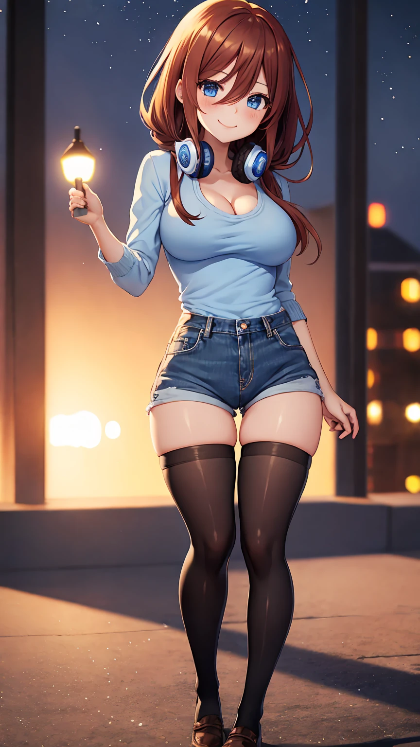 [nakano miku, brown hair, hair between eyes, blue cardigan, headphones, (((black pantyhose)))], 1girl, anime girl, anime, girl, 2d girl, 16y, (fullbody), blue eyes, smile, blush, cleavage, Solo, Slim, Big breasts, large Breasts, sfw, cowboy shot, Tight Shorts, low waist shorts, upshorts, outdoors, night background, looking at viewer, darker shadows, (((shorts))), (((thigh gap))), (((lowleg shorts))),