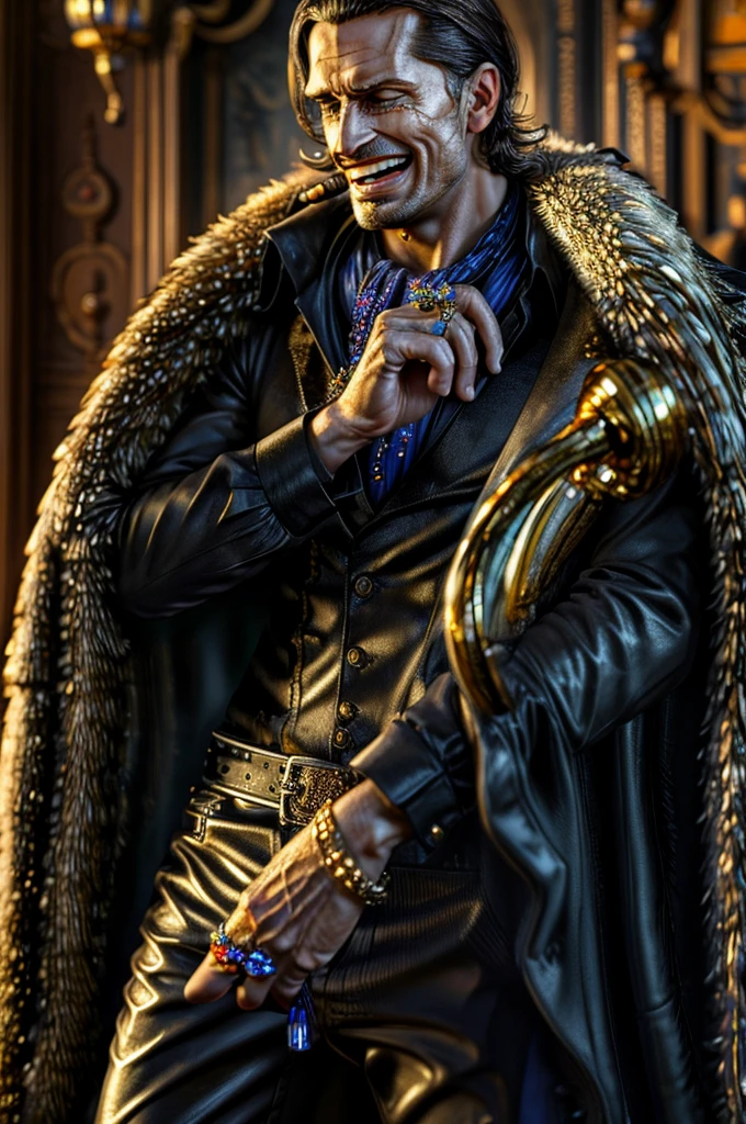 masterpiece, best quality, extremely detailed, hyperrealistic, photorealistic, a cool 40s man, ultra detailed face:1.2, fur-trimmed coat, scarf around the neck, his left hand is a golden pirate hook:1.1, cigar, laughing, in sapphire style, holding sapphire, sapphire ring, sapphire necklace, sapphire bracelet
