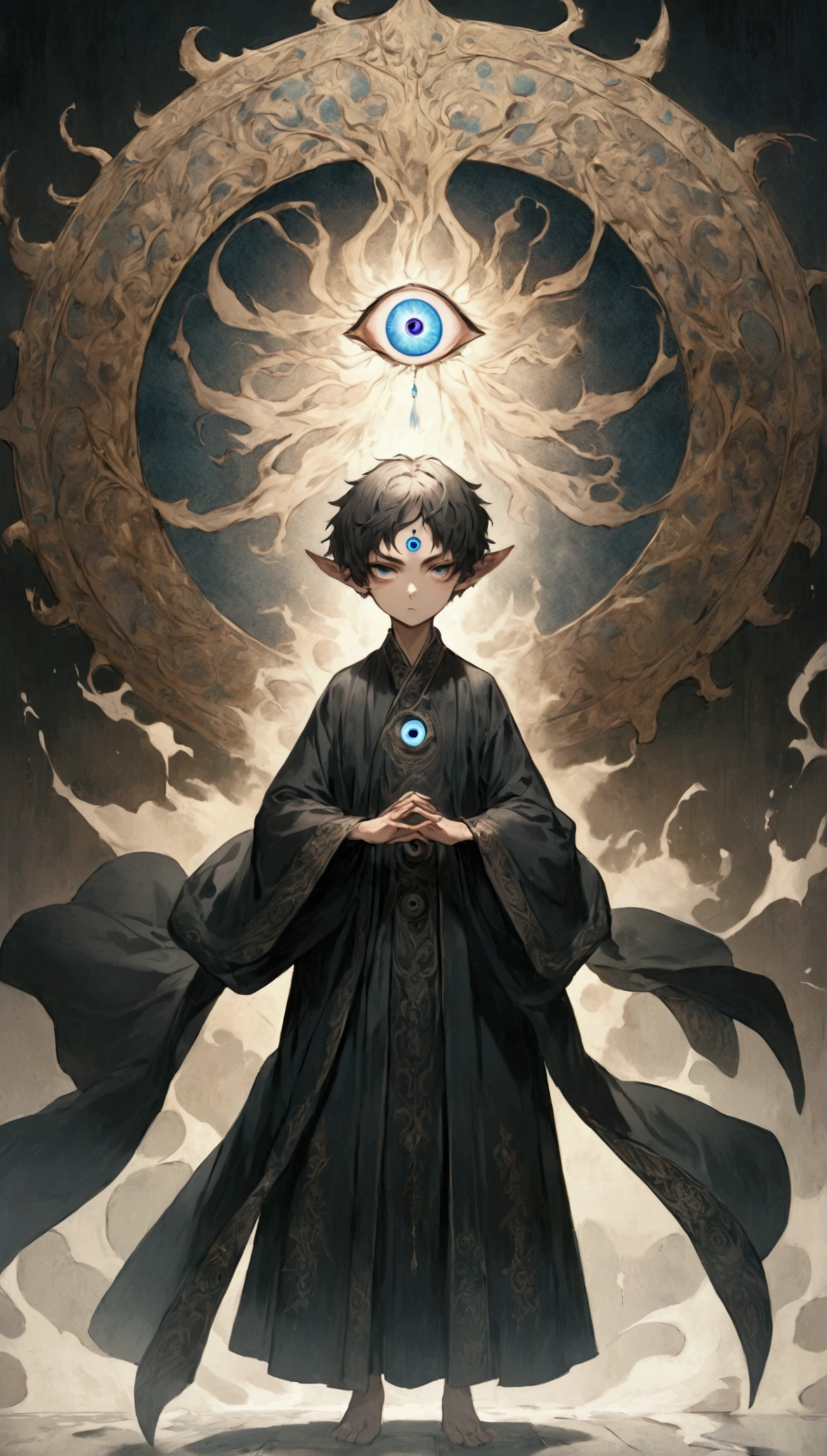 a boy with short hair, solo, third eye on the forehead, elf ears, long robe with eye patterns and dark colors, full body shot, death stare background, dynamic pose