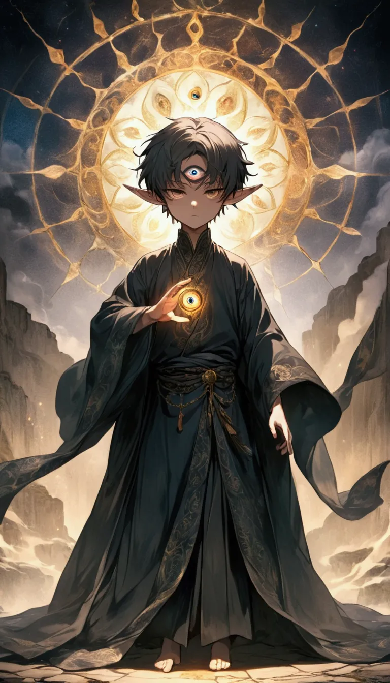 a boy with short hair, solo, third eye on the forehead, elf ears, long robe with eye patterns and dark colors, full body shot, d...