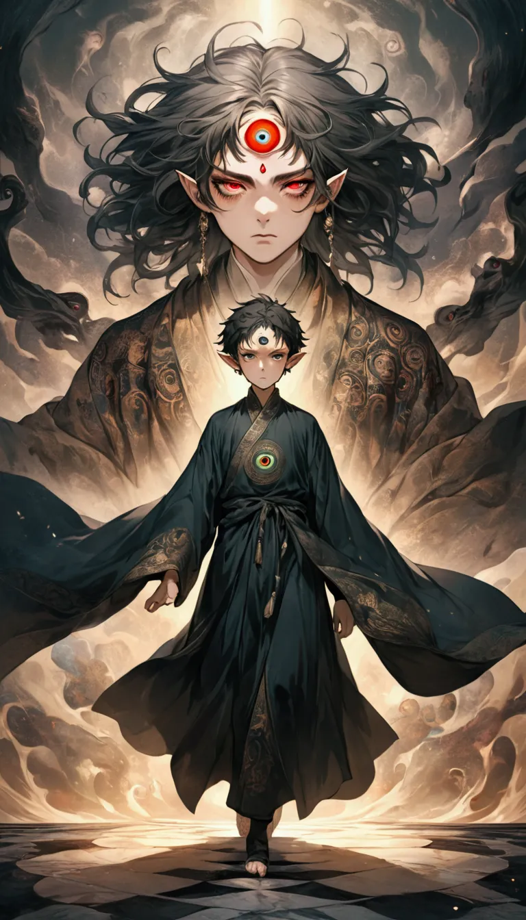 a boy with short hair, solo, third eye on the forehead, elf ears, long robe with eye patterns and dark colors, full body shot, d...