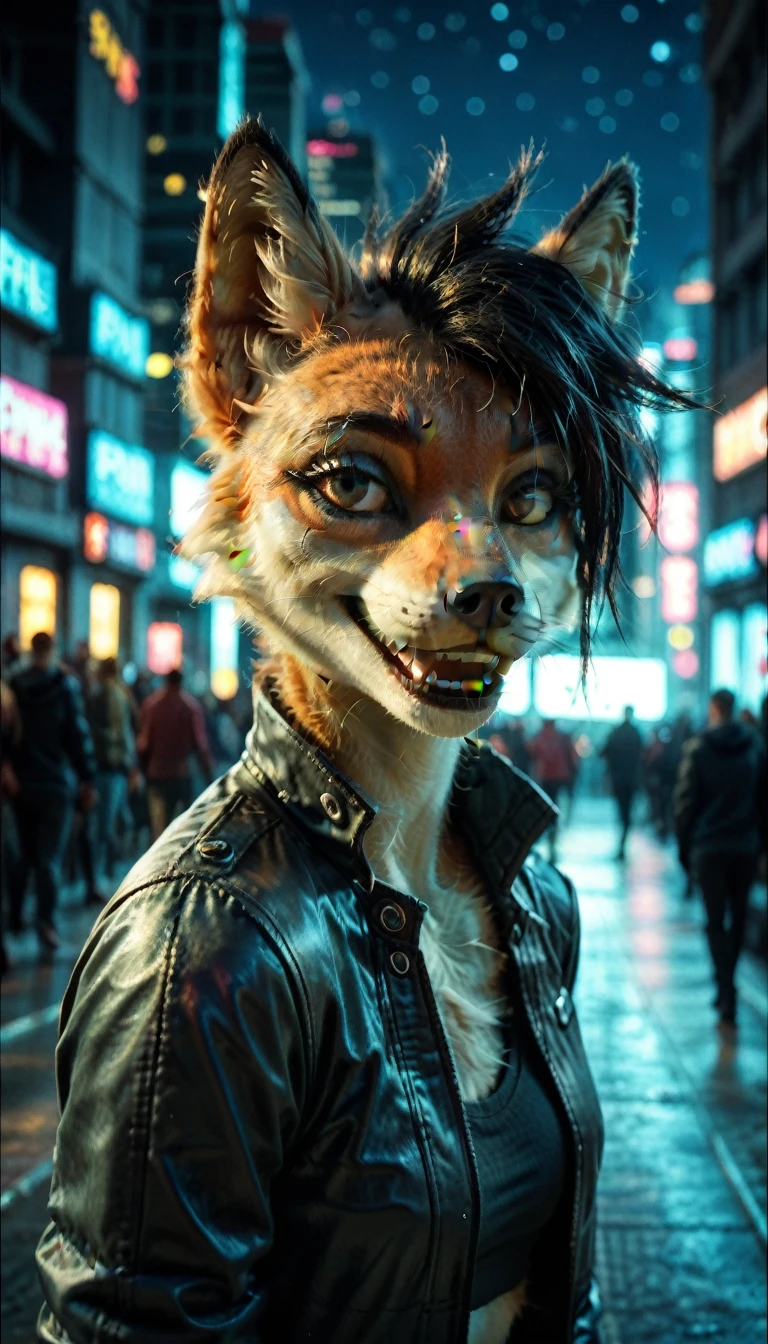 score_9, score_8_up, score_7_up, cyberpunk city, downtown ally, midnight, crowd on background, starry night, happy, joyful, ,

((fox:1.2), anthro, female, colorfull fur, short punk haircut, beautiful, wearing a cyberpunk-style augmentations, joyful, grin)