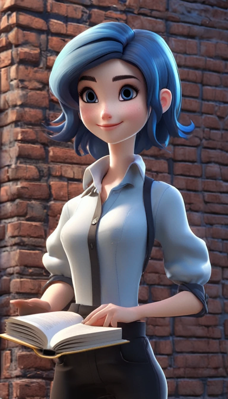 dark-blue hair girl, medium hair, forehead, black lipstick, skinny, sky-blue shirt, rolled up sleeves, untucked shirt, smile, crosed arms, brick wall, smile, button shirt, frowning, black pants, book haircut, 3d