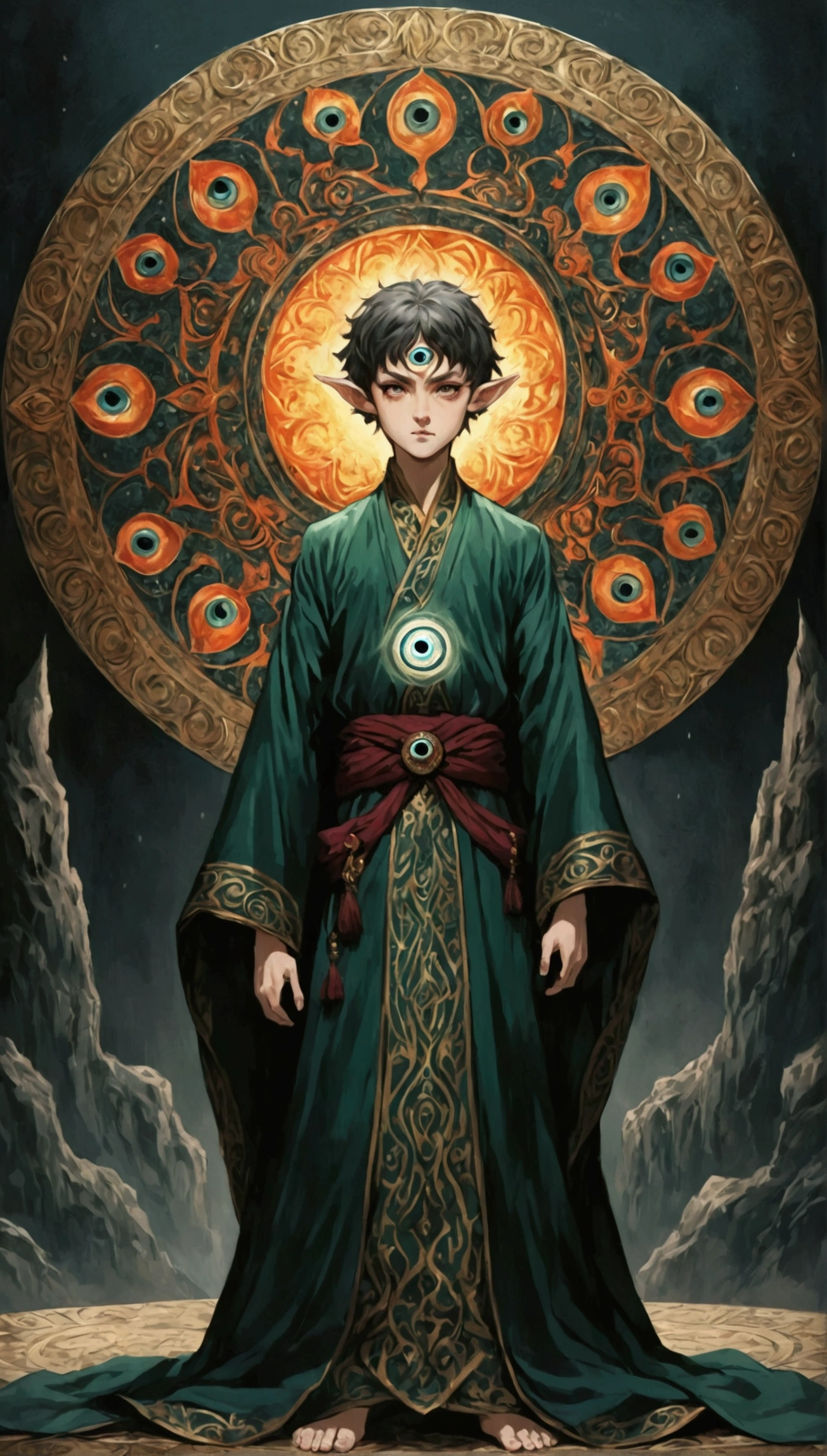 Short hair boy, Solitary, The third eye on the forehead, Elf ears, Robes with eye patterns and dark colors, full-body shot, Death Stare Background, Dynamic poses