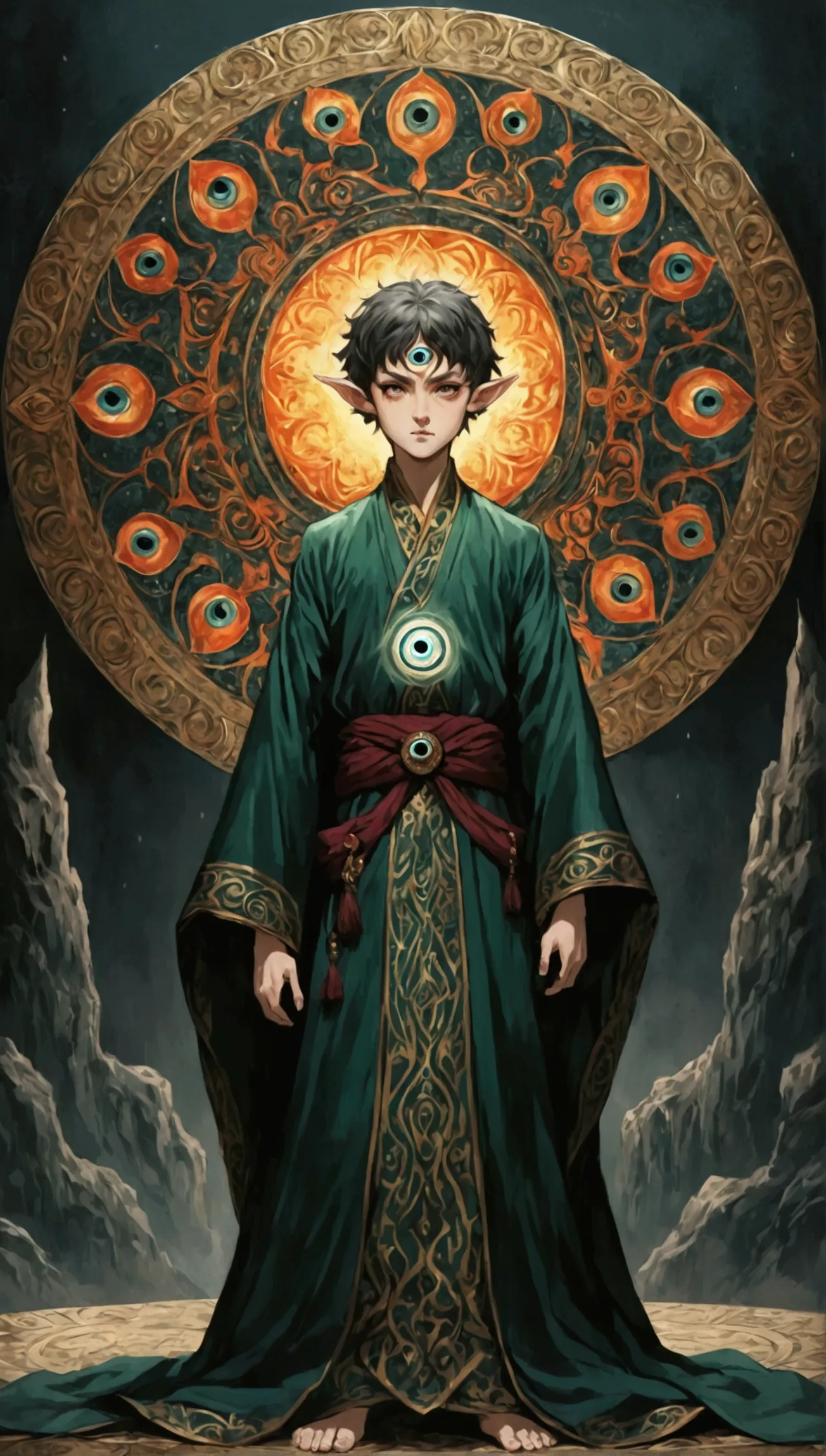 short hair boy, solitary, the third eye on the forehead, elf ears, robes with eye patterns and dark colors, full-body shot, deat...