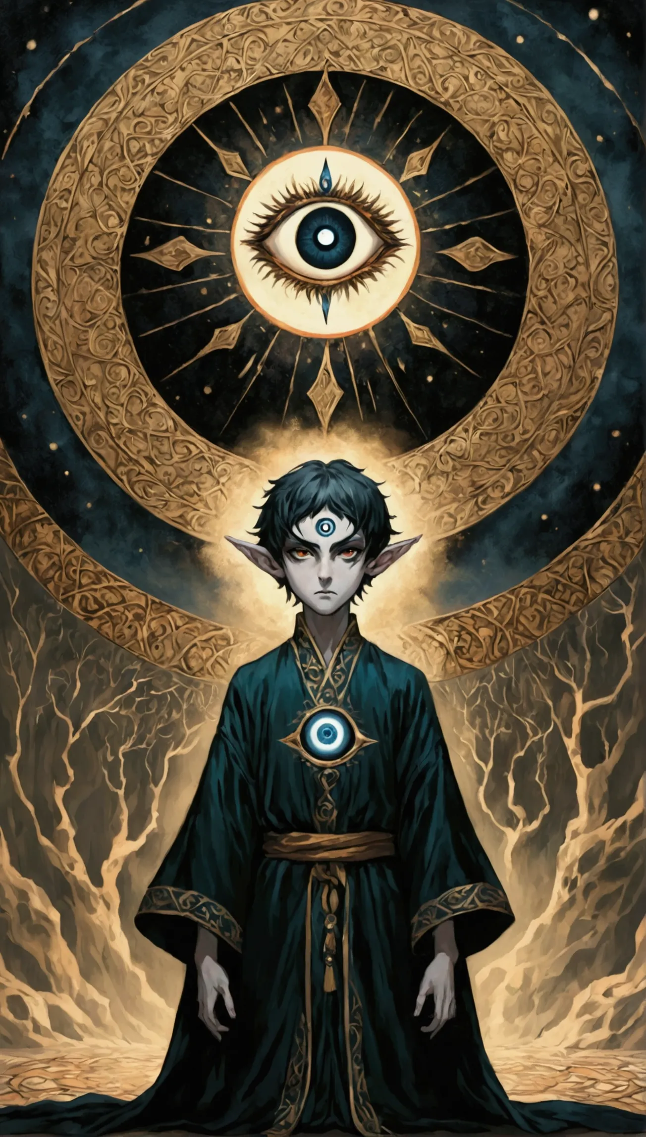 short hair boy, solitary, the third eye on the forehead, elf ears, robes with eye patterns and dark colors, full-body shot, deat...