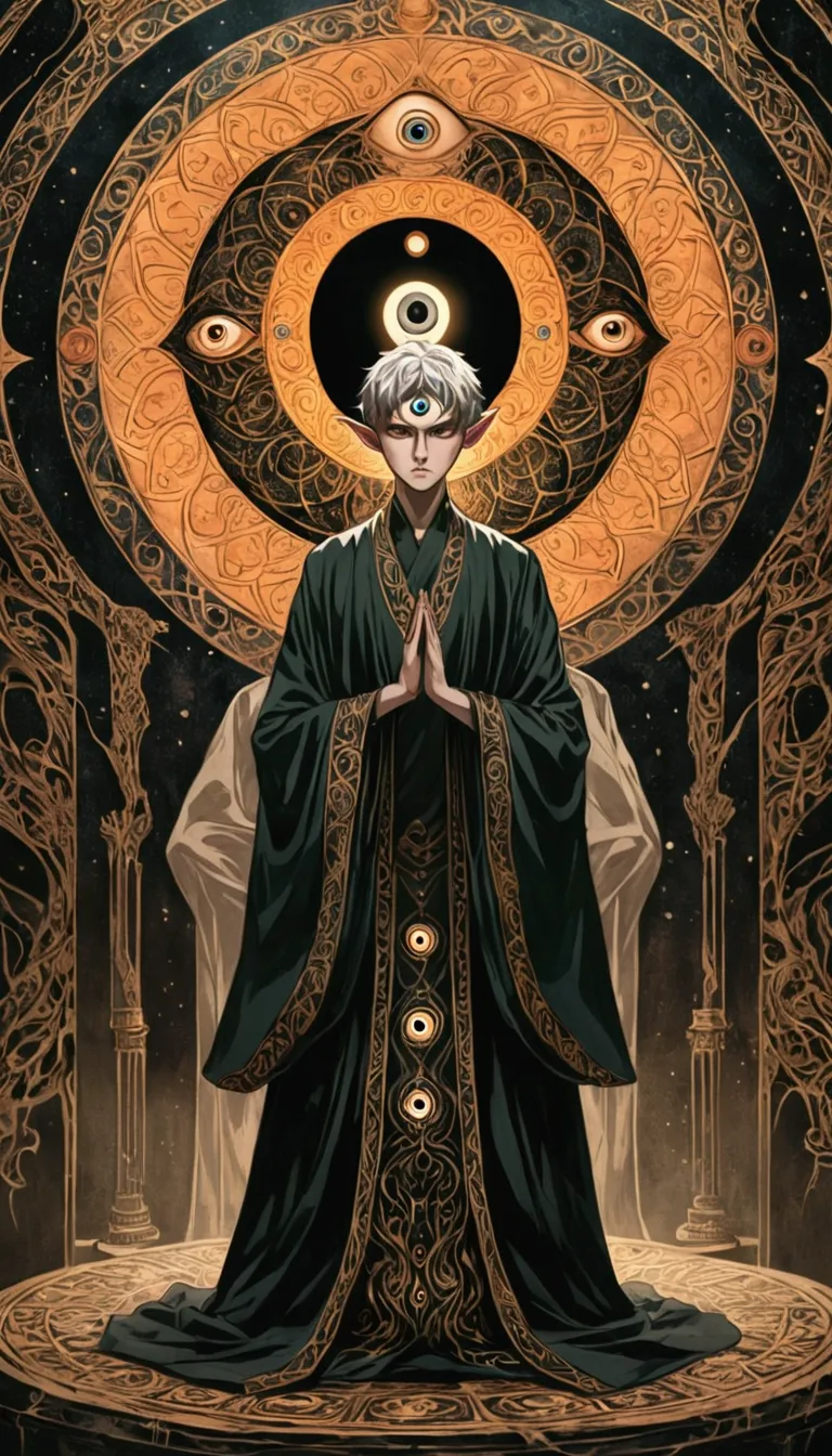 short hair boy, solitary, the third eye on the forehead, elf ears, robes with eye patterns and dark colors, full-body shot, deat...