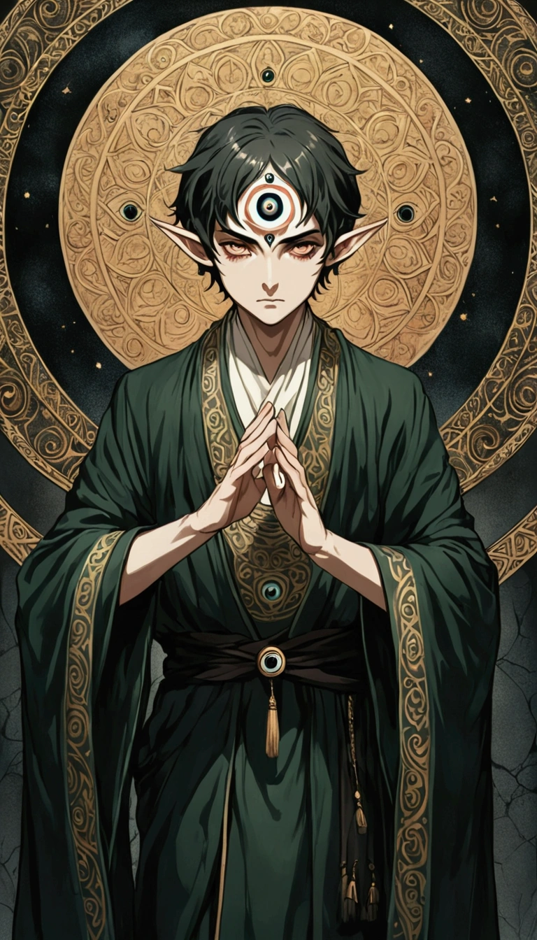 Short hair boy, Solitary, The third eye on the forehead, Elf ears, Robes with eye patterns and dark colors, full-body shot, Death Stare Background, Dynamic poses