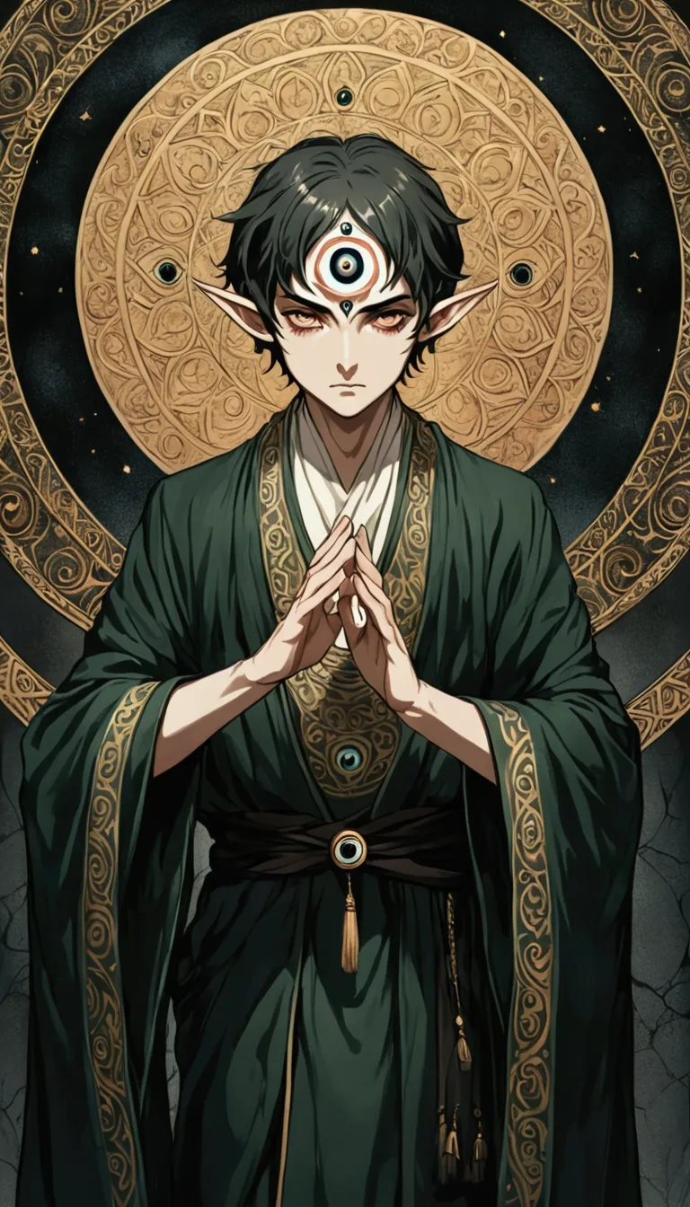 short hair boy, solitary, the third eye on the forehead, elf ears, robes with eye patterns and dark colors, full-body shot, deat...