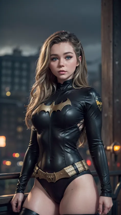 RAW, Best quality, high resolution, Masterpiece: 1.3), Beautiful Brec Bassinger as Batgirl, Masterpiece, Serene expression, Real...