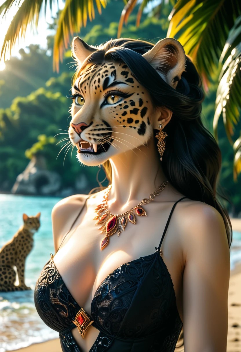 Leopard ears, whisker flesh, vertically elongated pupils, long straight black hair, beautiful woman in black dress baring her fangs, female leopard poses on the beach, tropical luxury mansion and mangrove forest in the background, mythical creature, realistic, highly detailed, 8k, masterpiece, dramatic lighting, cinematic, graceful, feline, powerful, intense gaze, flawless skin, exquisite details, dynamic pose, atmospheric, stunning colors, chiaroscuro